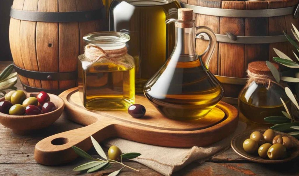 Bottiglie di olio in vetro e varie olive 